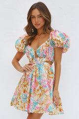 Multicolor Print Puff Sleeve V Neck Tie-Up Backless Mini Dresses