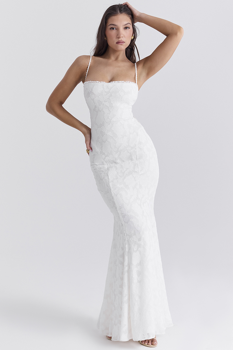 Jacquard Lace Back Lace Up Fishtail Hem Slip Maxi Dresses-White