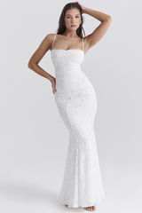 Jacquard Lace Back Lace Up Fishtail Hem Slip Maxi Dresses-White