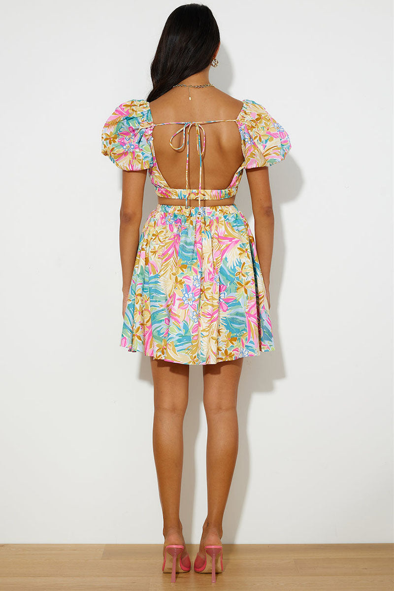 Multicolor Print Puff Sleeve V Neck Tie-Up Backless Mini Dresses