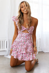 Ditsy Floral Print One Shoulder Ruffled Cutout Mini Dresses