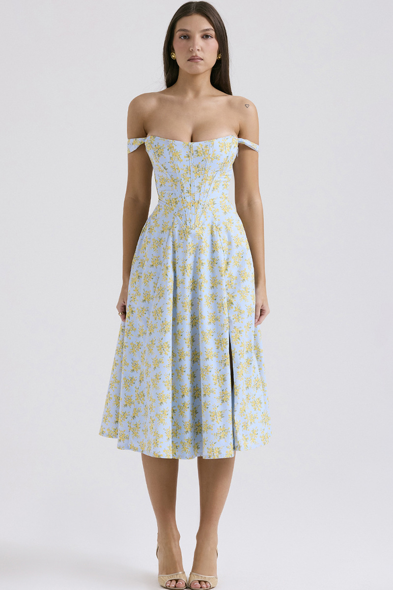 Floral Print Wide Strap Corset A-Line Slit Midi Dresses-White