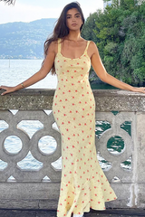 U Neck Ditsy Floral Print Slim Fit Fishtail Maxi Tank Dresses-Yellow