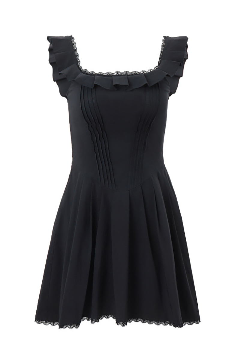 Ruffled Trim Square Neck Cinch Waist Sleeveless Pleated Mini Dresses-Black