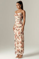 Floral Print Corset Wedding Guest Party Maxi Slip Dresses-Beige Pre Order