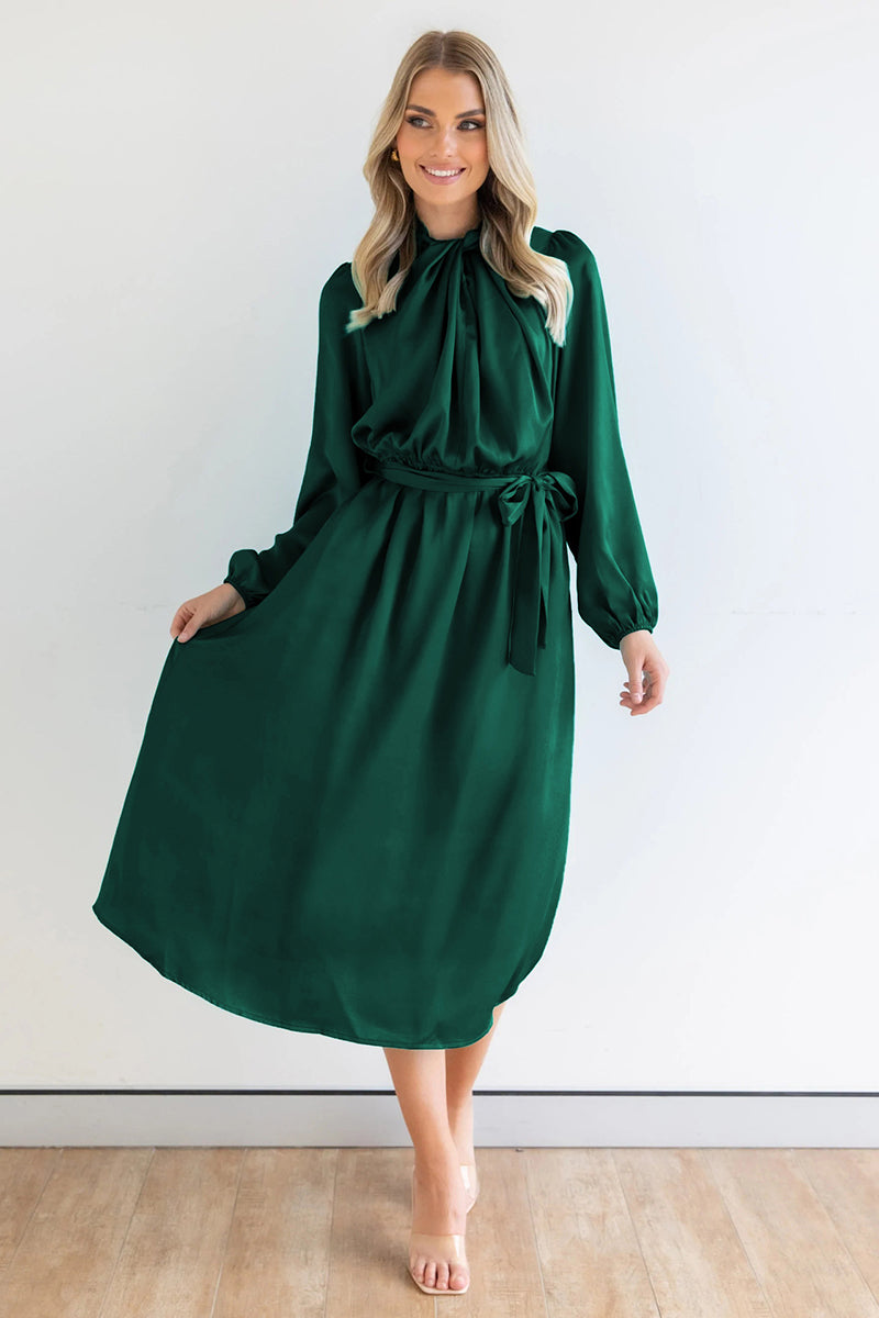 Ruched Knotted Long Sleeve Satin Midi Dresses