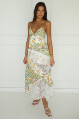 Ditsy Floral Print Deep V Neck Lace Patchwork Backless Slip Maxi Dresses-Green