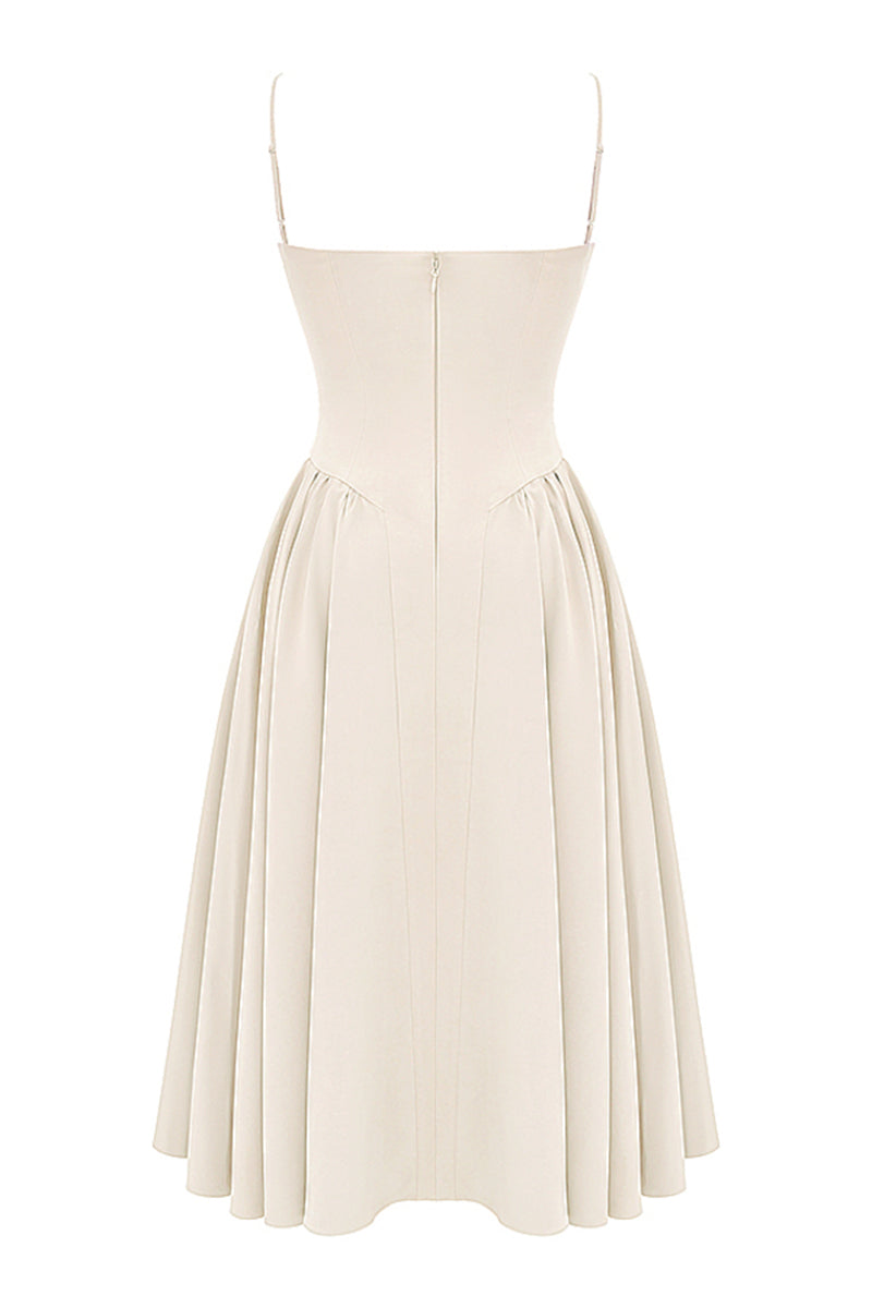 Elegant Cinch Waist Pleated Formal Party Slip Midi Dresses-Beige