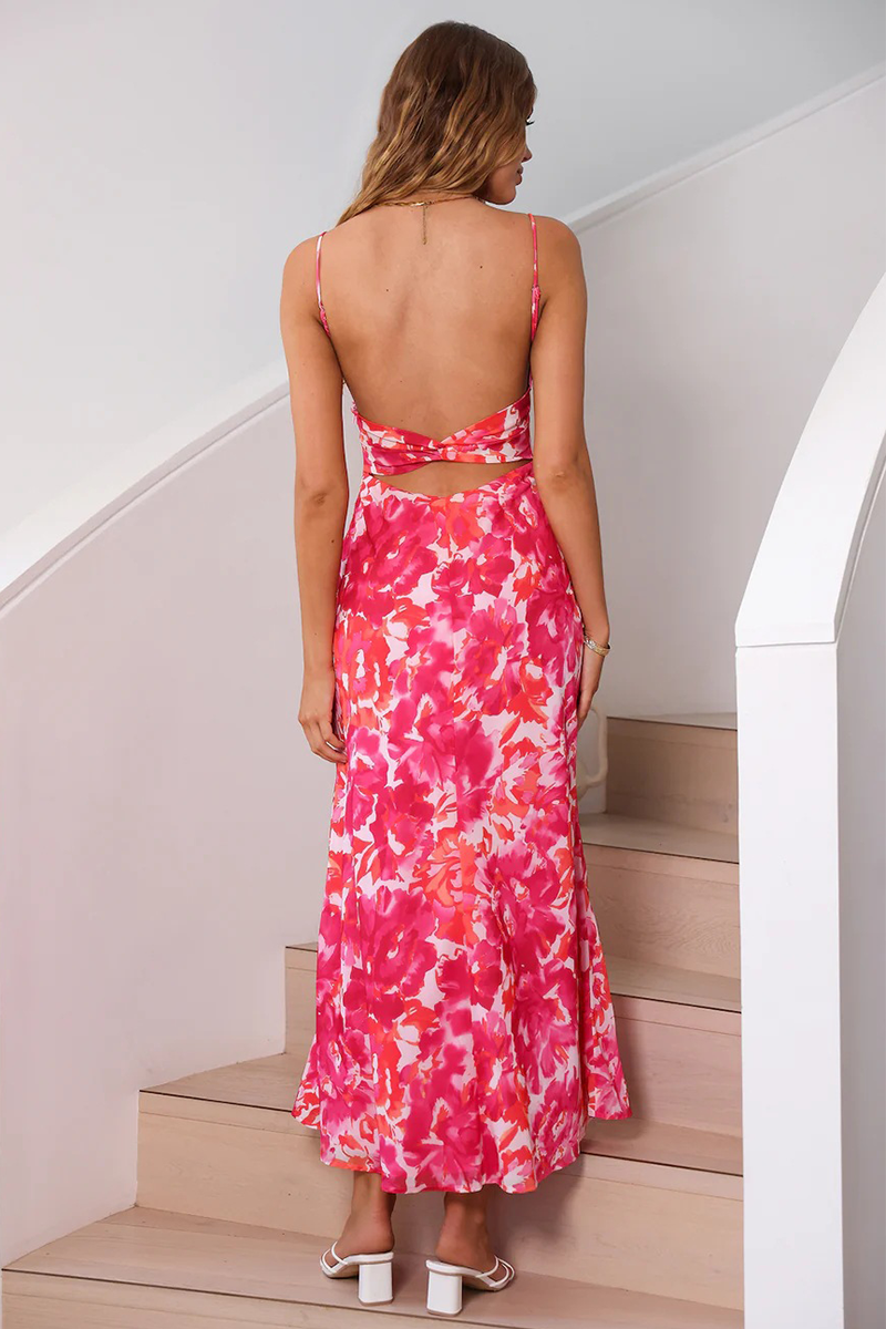 Floral Print Spaghetti Strap Open Back Maxi Dresses-Green