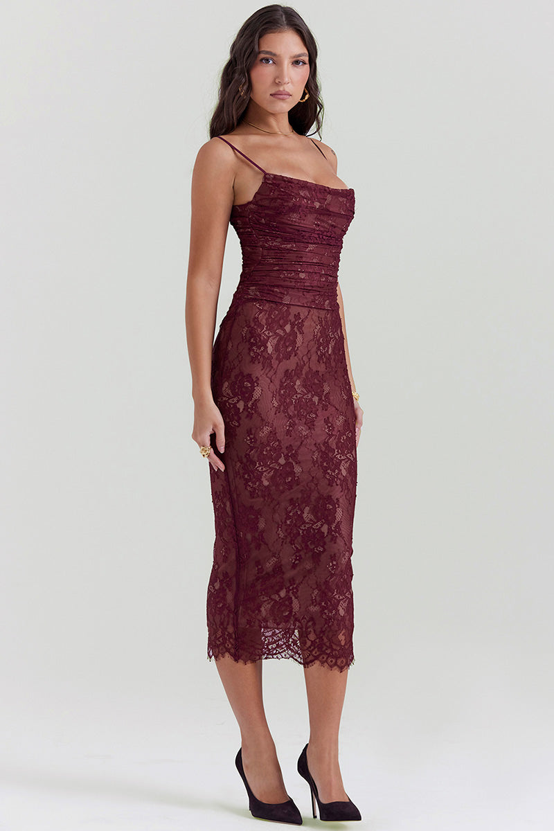 Floral Lace Shrug Ruched Slip Midi Dresses Matching Set-Burgundy