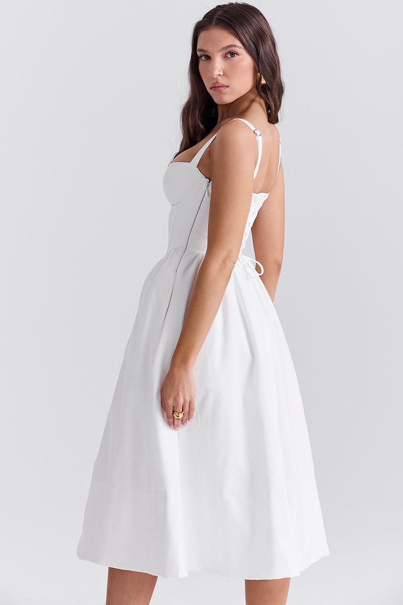 Spaghetti Strap Corset Lace Up Pocket Slit Midi Dresses-White