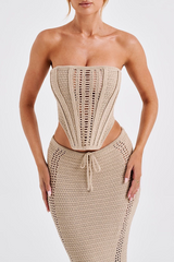 Hollow Out Knit Strapless Crop Top Bodycon Maxi Skirt Matching Set-Khaki