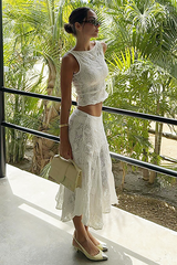 Textured Pattern Crop Tank Top Flowy Midi Skirt Matching Set-White