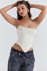 Pearls Fringed Trim Boat Neck Strapless Irregular Crop Corset-White