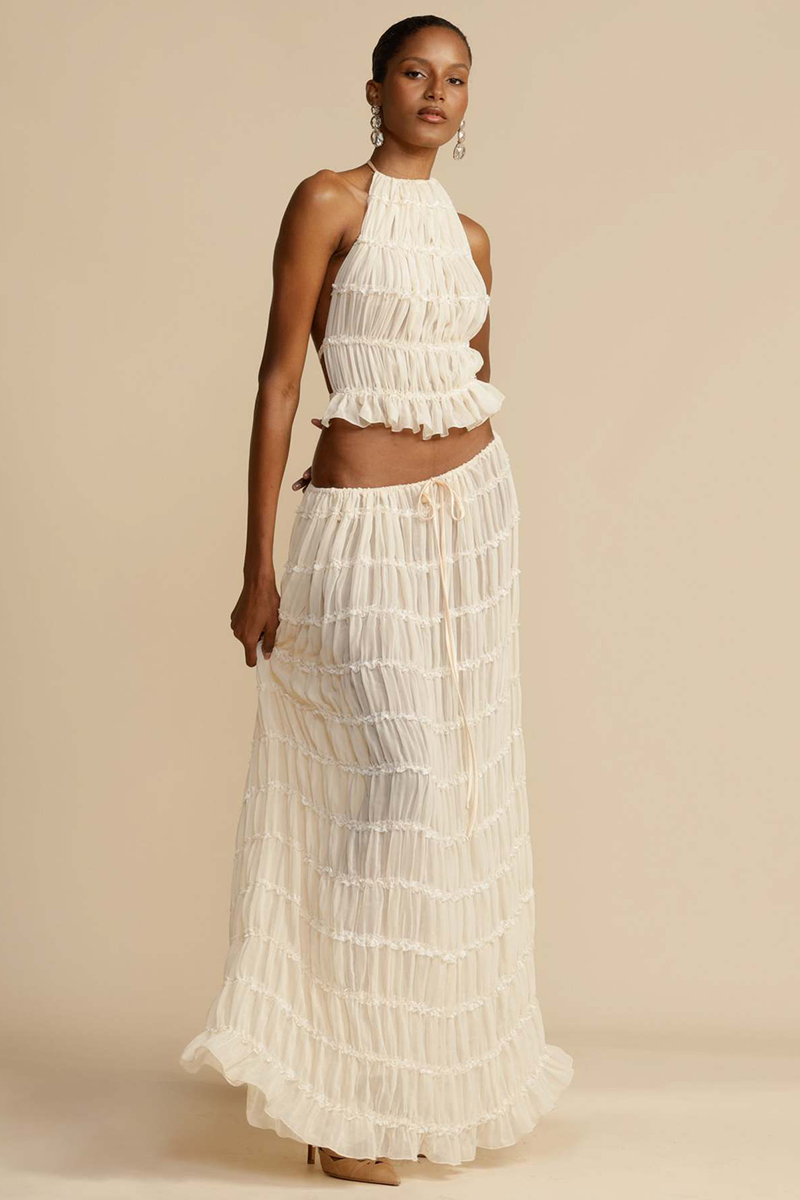 Solid Color Pleated Halter Backless Crop Top Ruffled Trim Maxi Skirt Matching Set-White