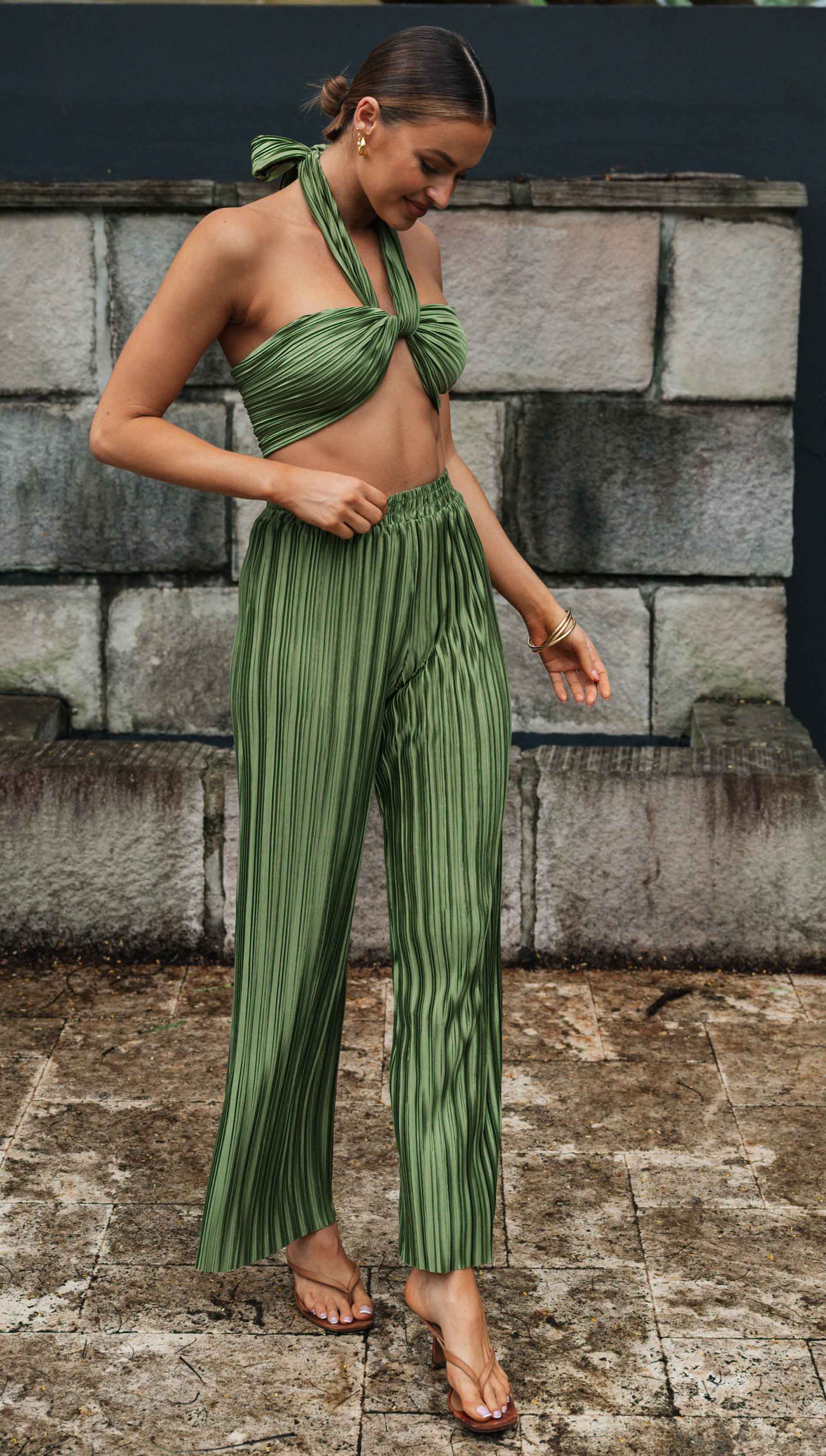 Two Piece Pleated Halter Pant Set