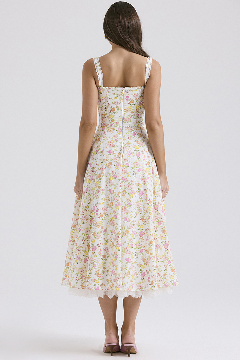 Ditsy Floral Print Sweetheart Neckline A-Line Lace Trim Slip Midi Dresses-White