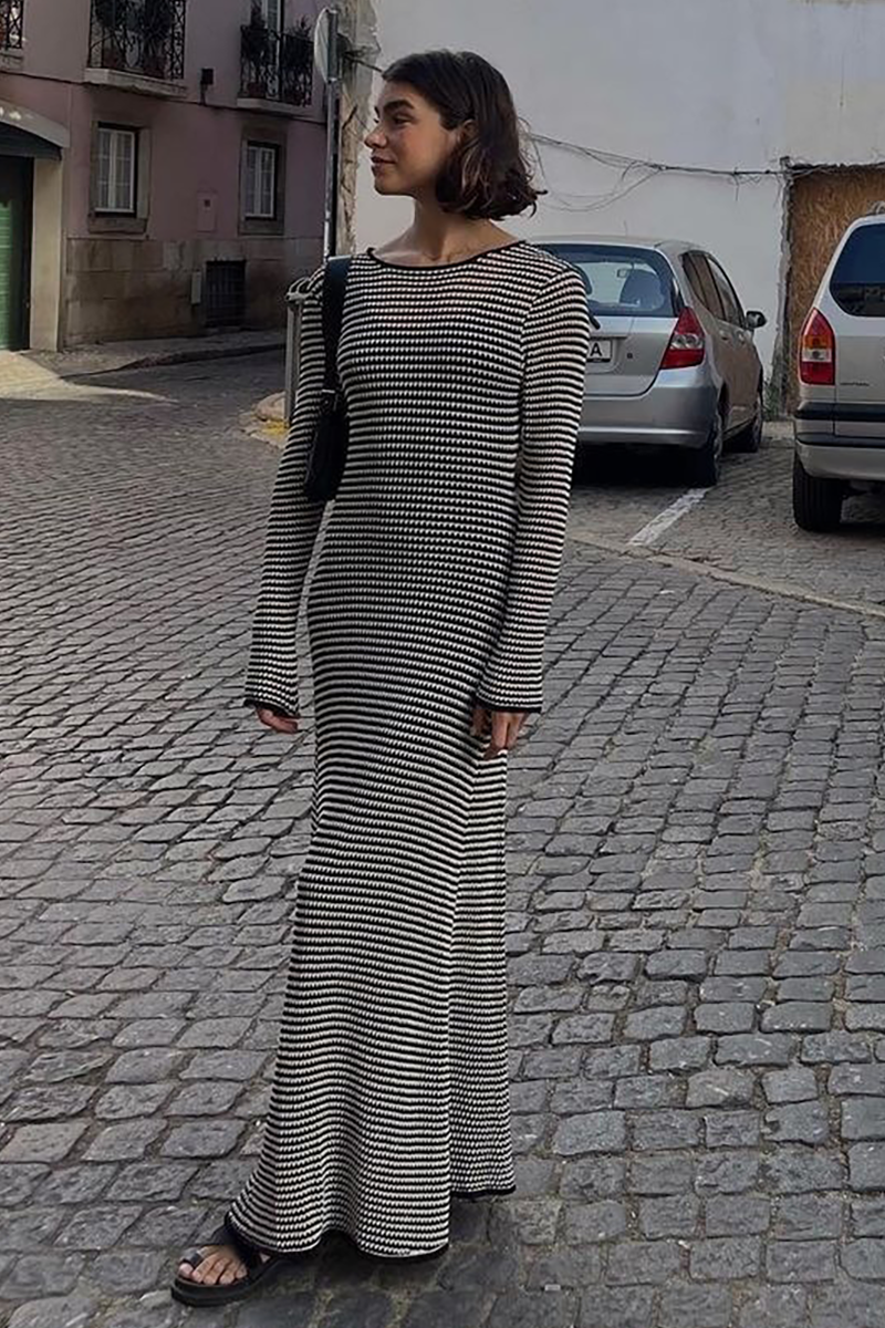 Knit Striped Pattern Long Sleeve Slim Fit Vacation Maxi Dresses-Black