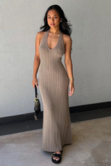 V Neck Halter Pleated Solid Color Knit Backless Maxi Dresses-Brown