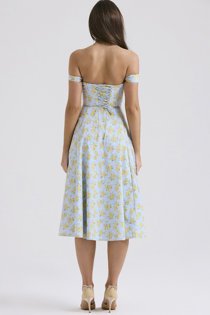 Floral Print Wide Strap Corset A-Line Slit Midi Dresses-White