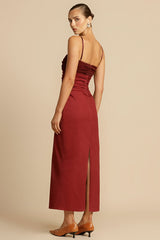 Spaghetti Strap Ruched Split Bodycon Midi Dresses-Red