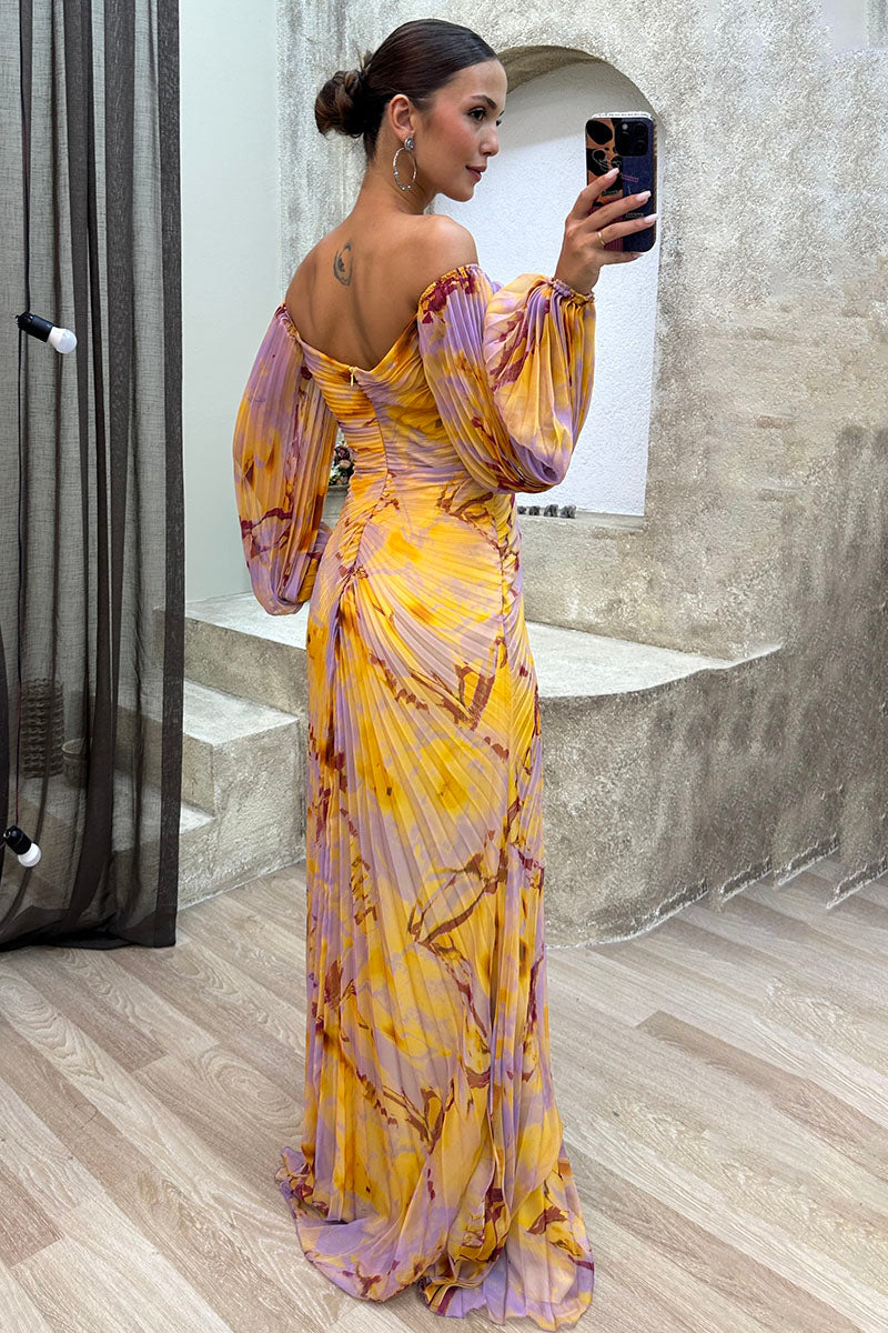 Pattern Print Pleated Off Shoulder Lantern Sleeve Slit Gowns Maxi Dresses-Yellow