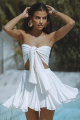 Strapless Tie Up Crop Top High Waist Ruffled Mini Skirt Matching Set-White