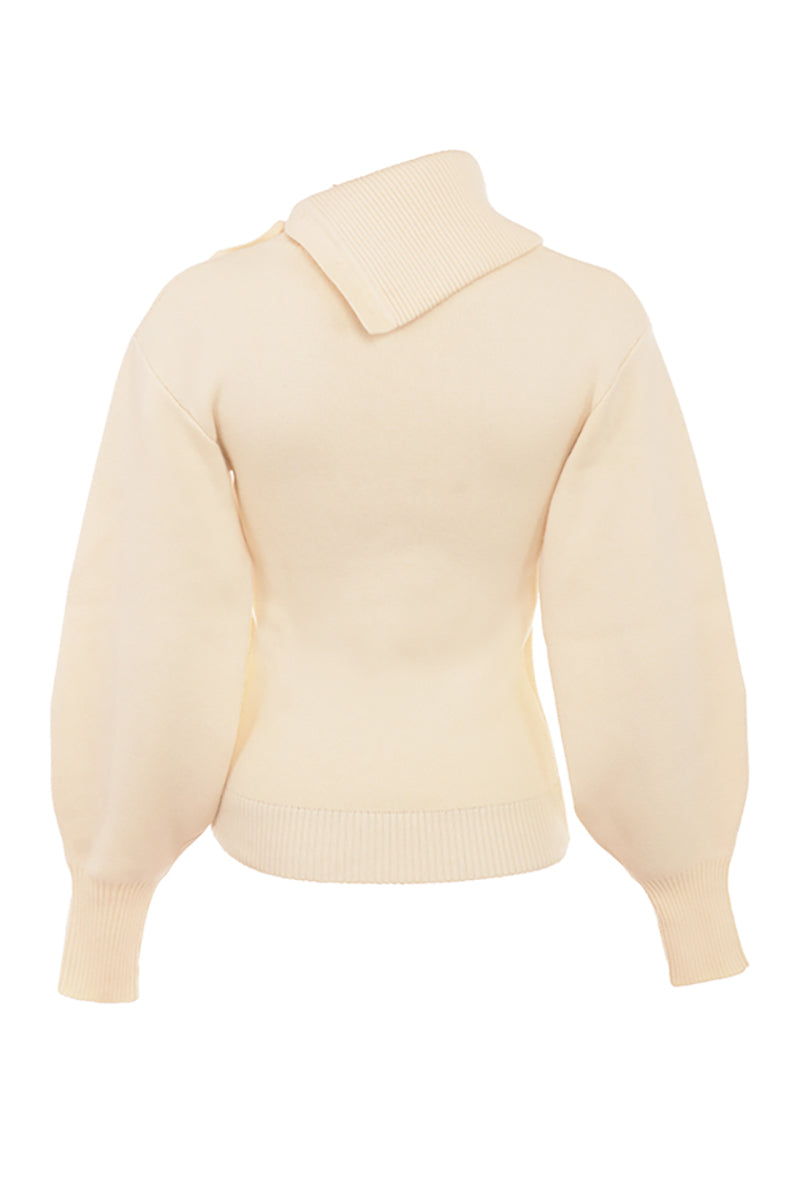Irregular Folded Stand Collar Lantern Sleeve Sweater Plain Pants Matching Set-Beige
