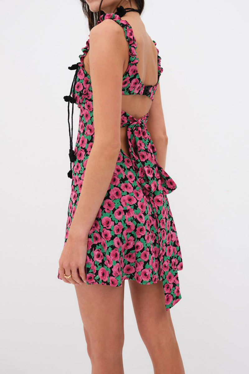 Irregular Neck Straps Cutout Tied Up Backless Vacation Floral Print Mini Dresses