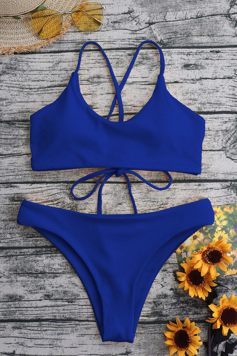 Ribbed Cross Tied Strap Bikini Two Piece Set