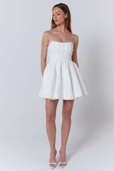 Strapless Floral Jacquard Party A-Line Mini Dresses-White