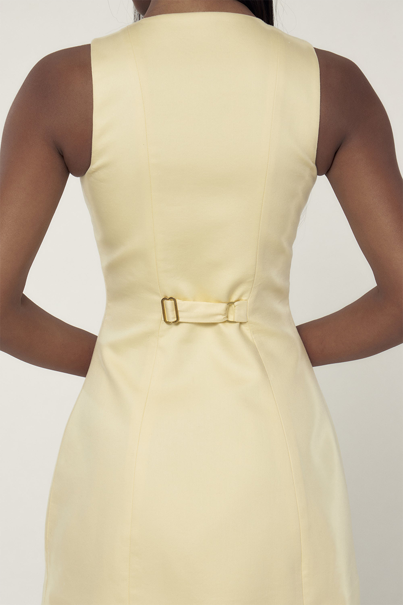 Round Neck Front Button A-Line Mini Tank Dresses-Yellow