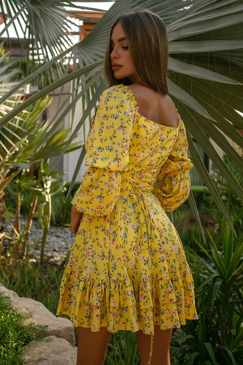 Floral Print Frill Trim Lace Up Layered Mini Dresses-Yellow