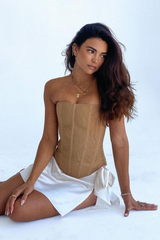 Boat Neck Strapless Cinch Waist Mesh Corset-Khaki