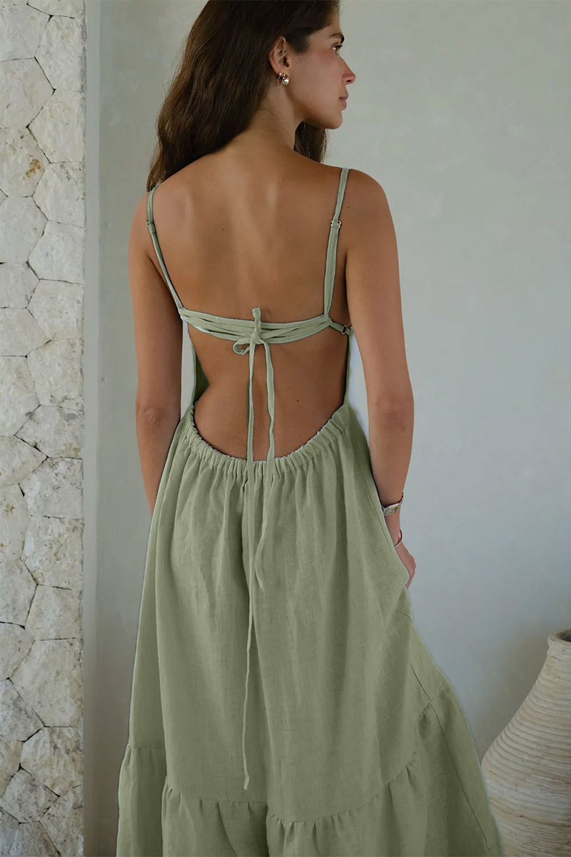 Solid Color Tie Up Backless A-Line Maxi Strappy Dresses-White