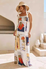 Wavy Trim Drawing Print Tie Up Backless Maxi Strappy Dresses-Beige