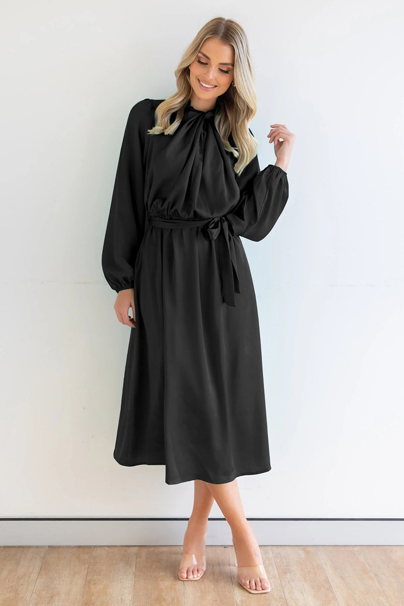 Ruched Knotted Long Sleeve Satin Midi Dresses