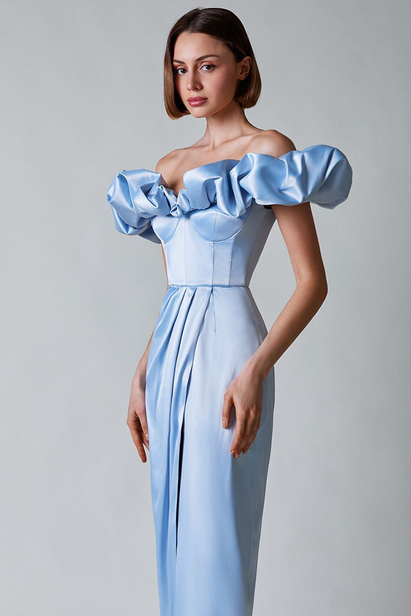 Puffy Ruffled Trim Off Shoulder Corset Slit Formal Party Maxi Dresses-White