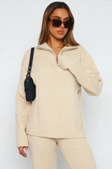 Turndown Collar Long Sleeve Sweater Plain Pants Matching Set-Beige