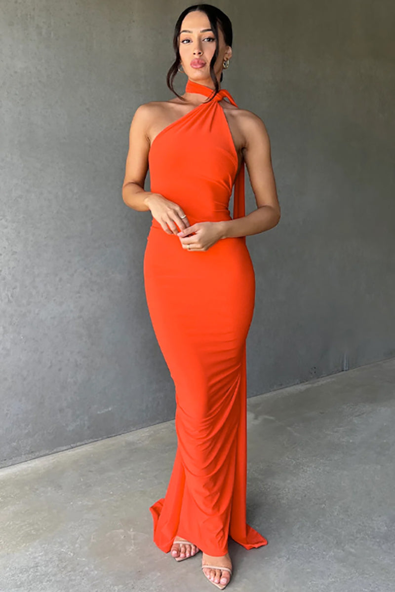 One Shoulder Sleeveless Sash Ring Decor Ruched Backless Elegant Evening Gown White Maxi Dresses