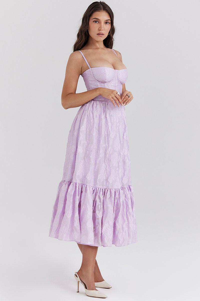 Square Neck Floral Jacquard Lace Up Corset Midi Dresses-Purple