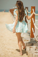 Ribbon V Neck Sleeveless Tiered Floral Print Mini Dresses-Blue