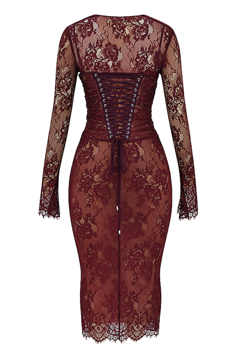 Floral Lace Shrug Ruched Slip Midi Dresses Matching Set-Burgundy