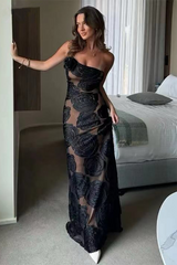 Floral Pattern 3D Flower Decor One Shoulder Sleeveless Maxi Dresses-Black