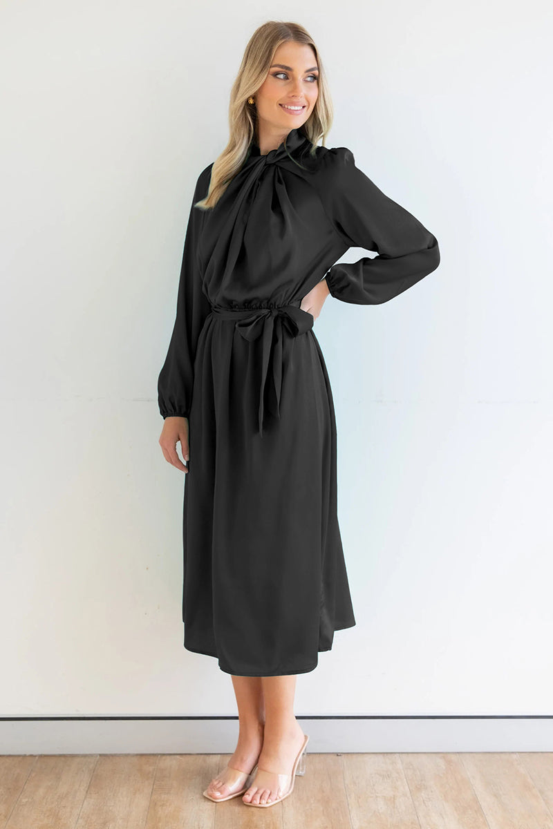 Ruched Knotted Long Sleeve Satin Midi Dresses