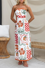 Mixed Prints Wavy Trim A-Line Vacation Strapless Maxi Dresses-White