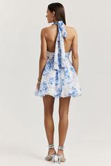 Allover Print Halter Backless Cinch Waist Mini Dresses-Blue Pre Order