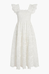 Square Neck Flutter Lace See-Through A-Line Midi Dresses-White