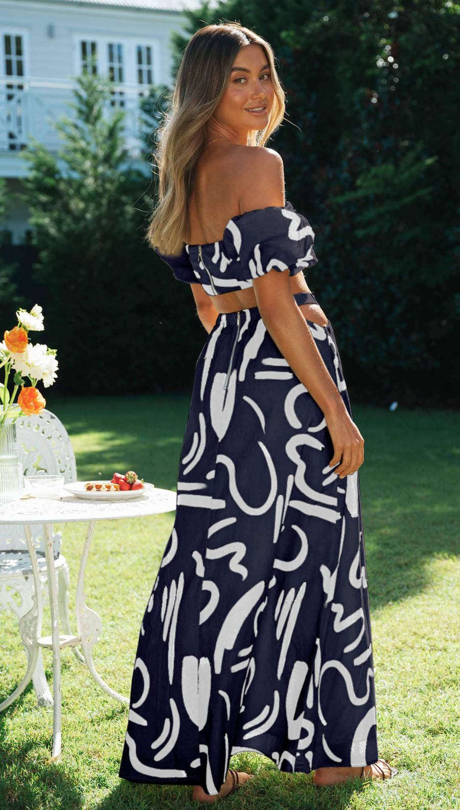 Doodle Printed Off-shoulder Maxi Dress Matching Set