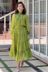 Long Bell Sleeve Mesh Knotted High Neckline Tiered Maxi Dresses